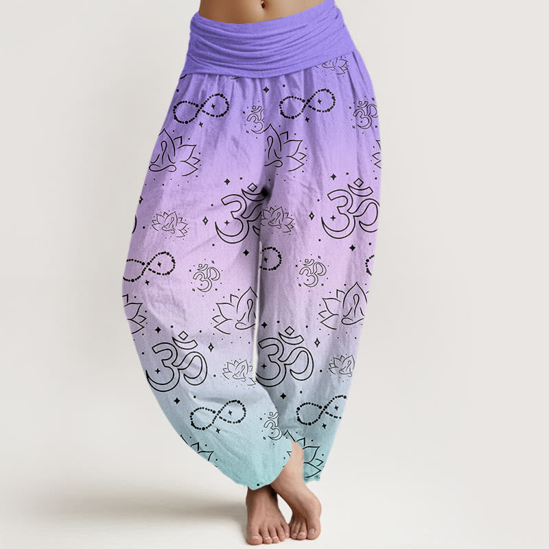 Cotton OM Symbol Lotus Meditating Figure Infinity Pattern Women's Elastic Waist Harem Pants
