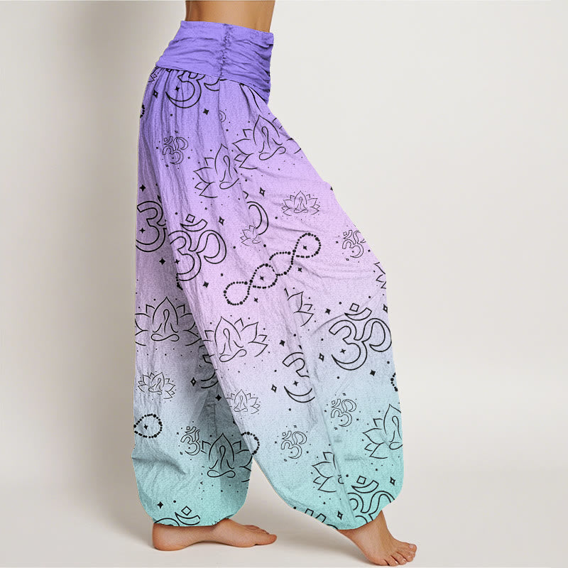 Cotton OM Symbol Lotus Meditating Figure Infinity Pattern Women's Elastic Waist Harem Pants