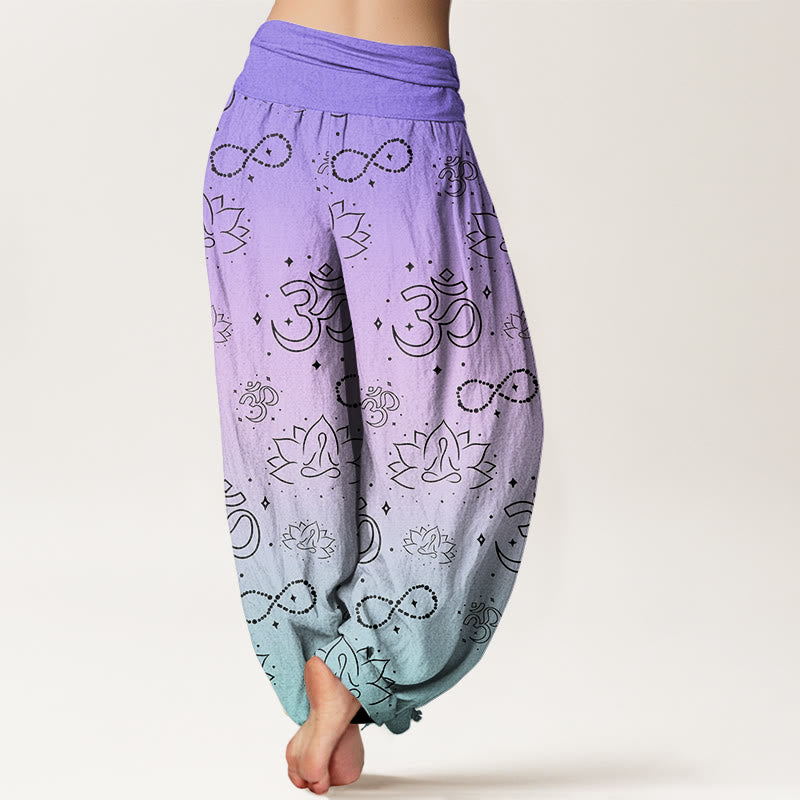 Cotton OM Symbol Lotus Meditating Figure Infinity Pattern Women's Elastic Waist Harem Pants