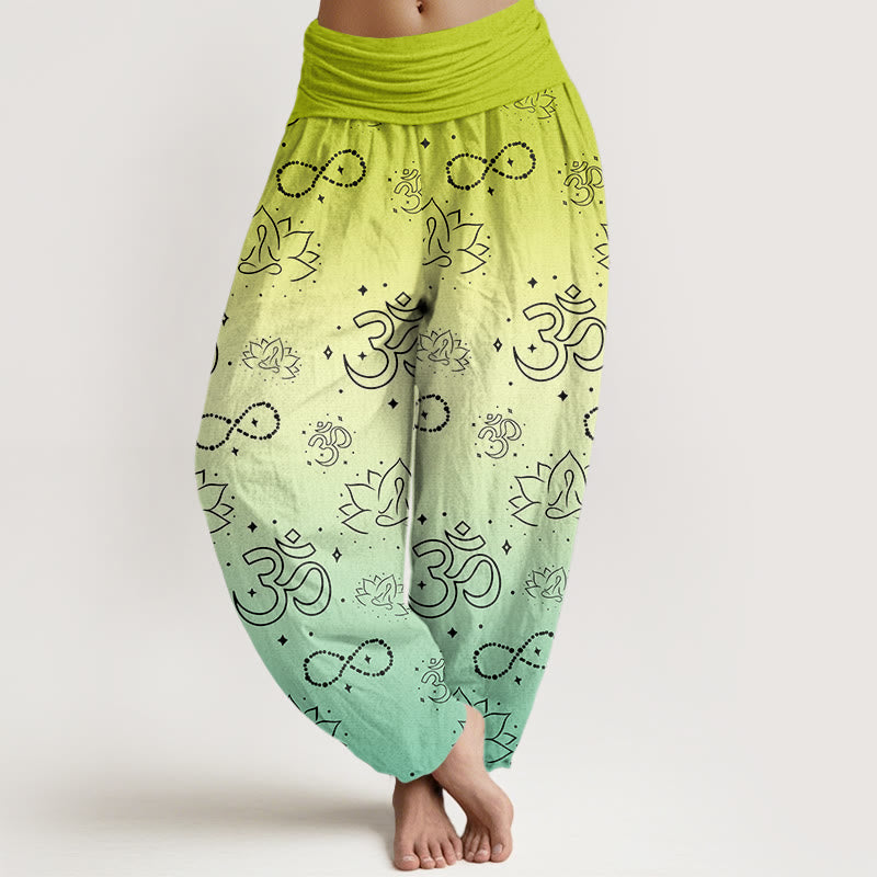 Cotton OM Symbol Lotus Meditating Figure Infinity Pattern Women's Elastic Waist Harem Pants