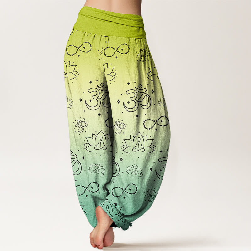 Cotton OM Symbol Lotus Meditating Figure Infinity Pattern Women's Elastic Waist Harem Pants