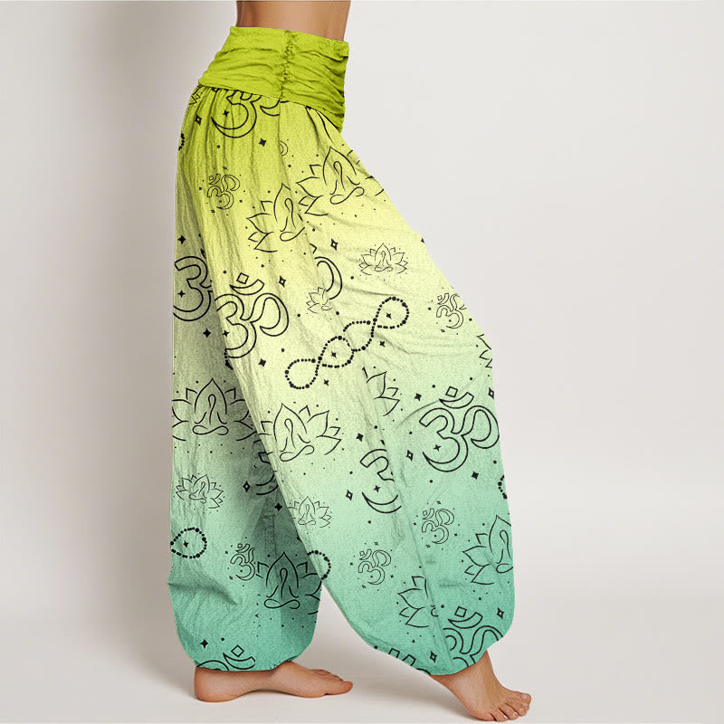 Cotton OM Symbol Lotus Meditating Figure Infinity Pattern Women's Elastic Waist Harem Pants