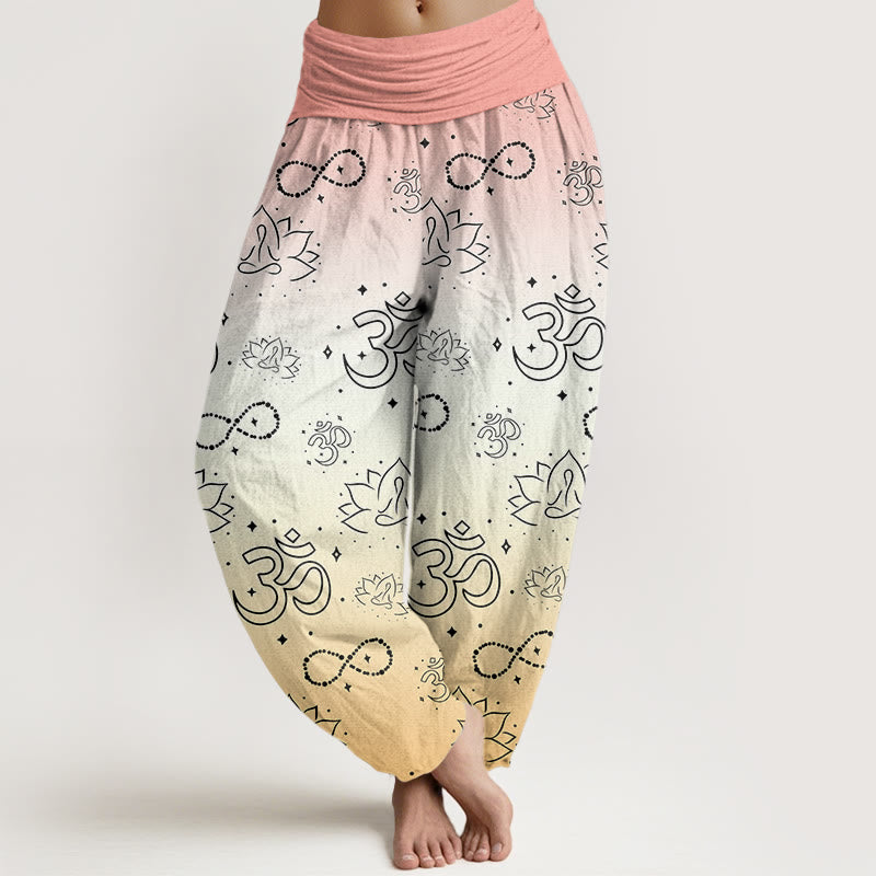 Cotton OM Symbol Lotus Meditating Figure Infinity Pattern Women's Elastic Waist Harem Pants