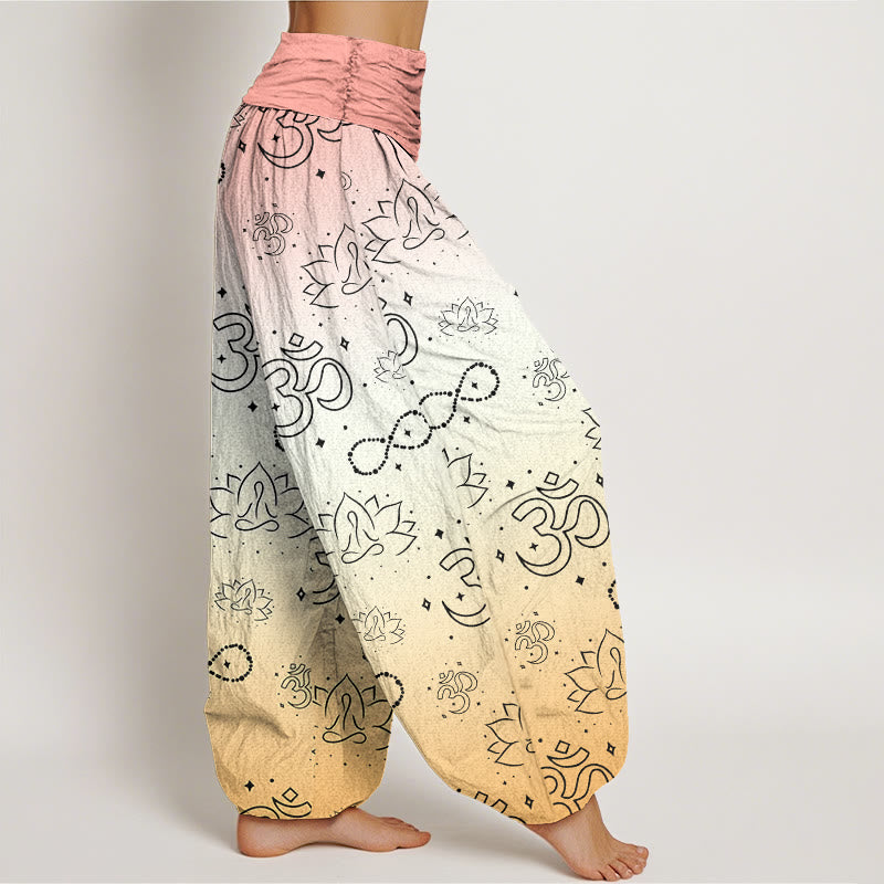 Cotton OM Symbol Lotus Meditating Figure Infinity Pattern Women's Elastic Waist Harem Pants