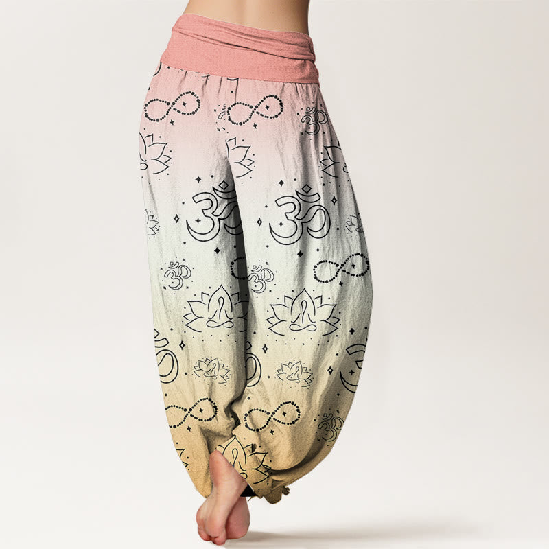Cotton OM Symbol Lotus Meditating Figure Infinity Pattern Women's Elastic Waist Harem Pants