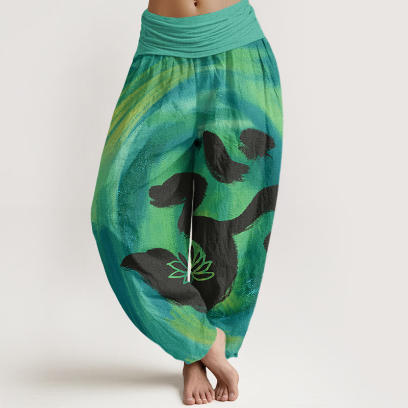 Cotton OM Symbol Lotus Flower Pattern Women's Elastic Waist Harem Pants