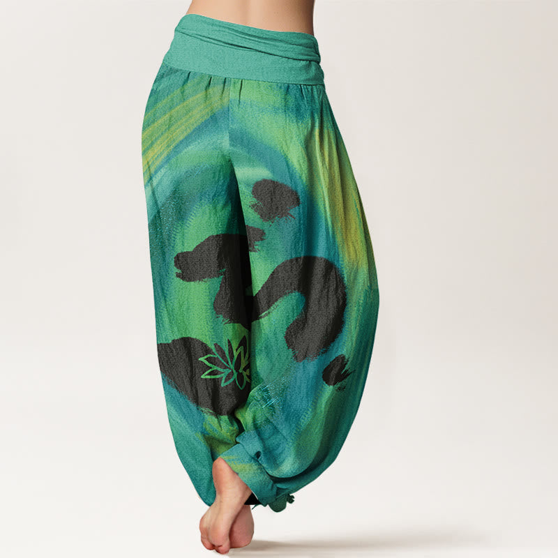 Cotton OM Symbol Lotus Flower Pattern Women's Elastic Waist Harem Pants
