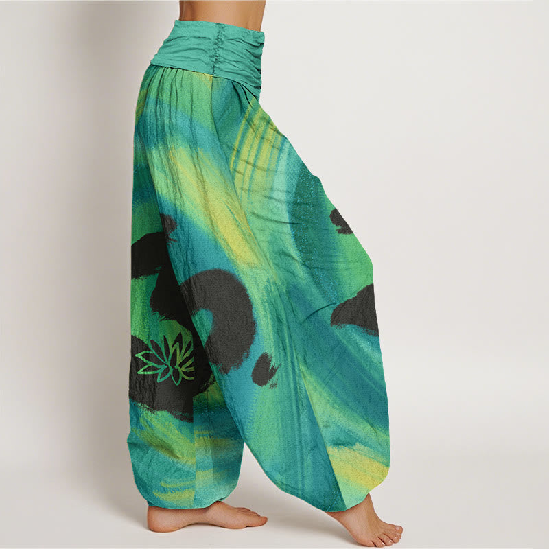 Cotton OM Symbol Lotus Flower Pattern Women's Elastic Waist Harem Pants