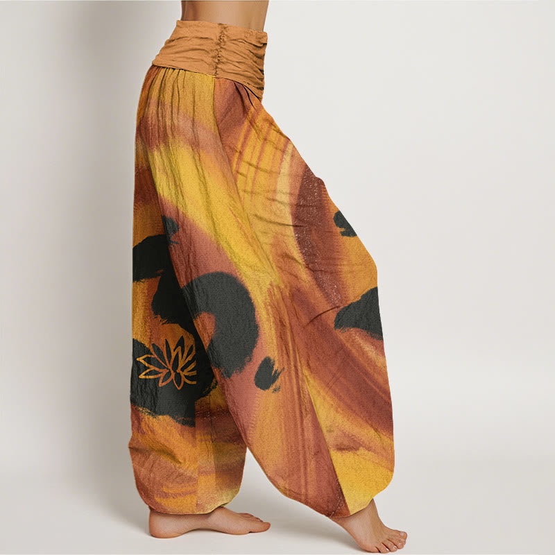 Cotton OM Symbol Lotus Flower Pattern Women's Elastic Waist Harem Pants