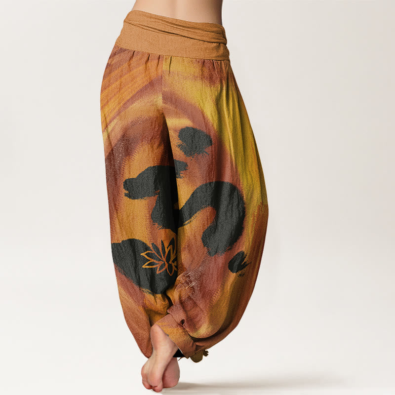 Cotton OM Symbol Lotus Flower Pattern Women's Elastic Waist Harem Pants