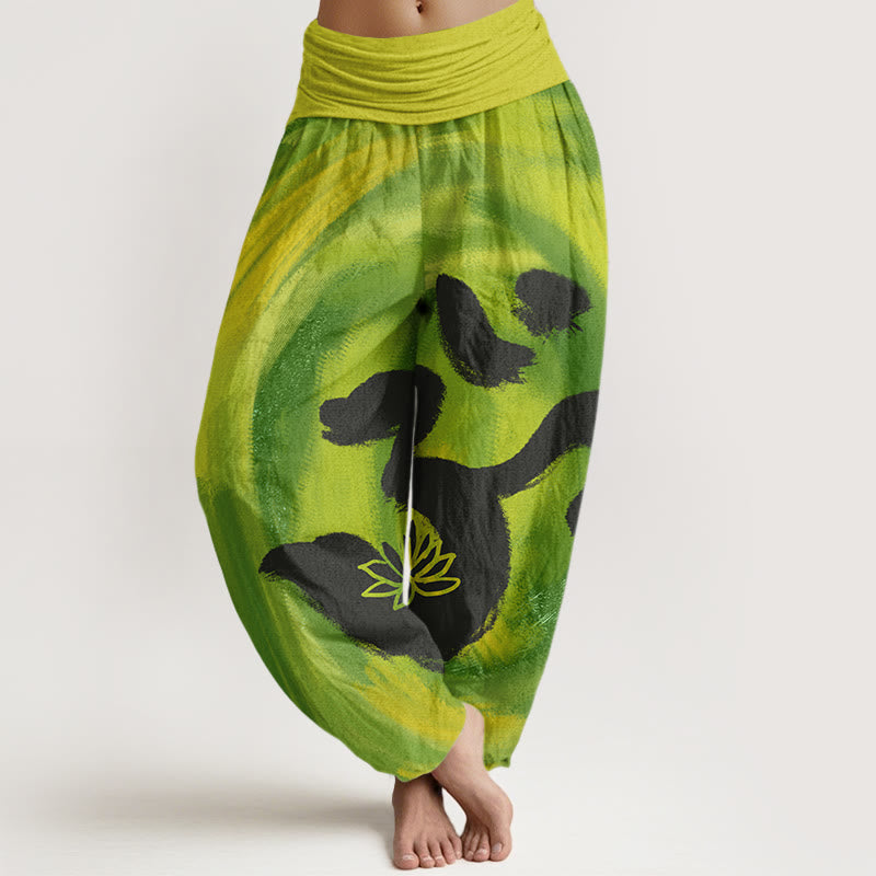 Cotton OM Symbol Lotus Flower Pattern Women's Elastic Waist Harem Pants
