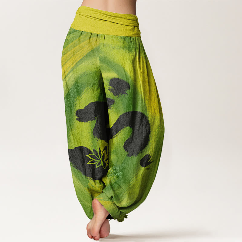 Cotton OM Symbol Lotus Flower Pattern Women's Elastic Waist Harem Pants