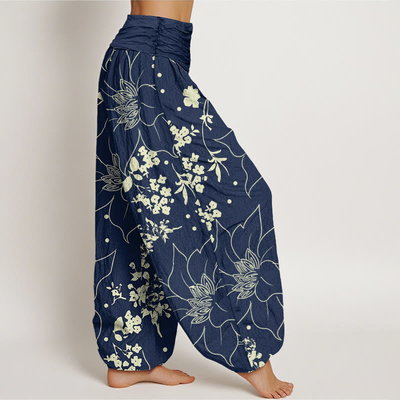 Tactile Cotton Floral Pleated Waist Meditation Harem Pants