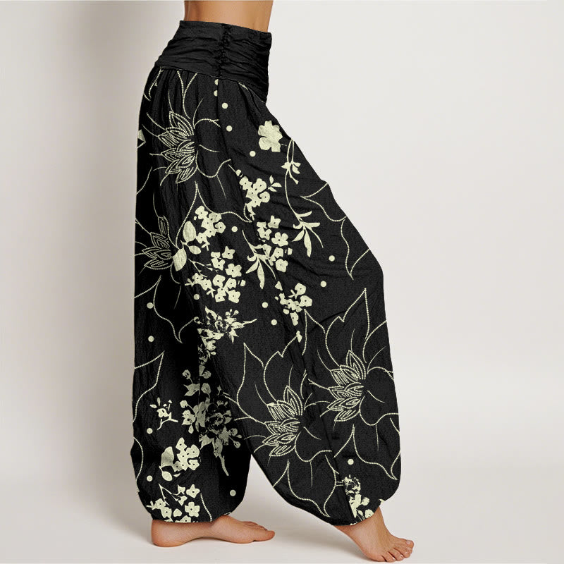Tactile Cotton Floral Pleated Waist Meditation Harem Pants