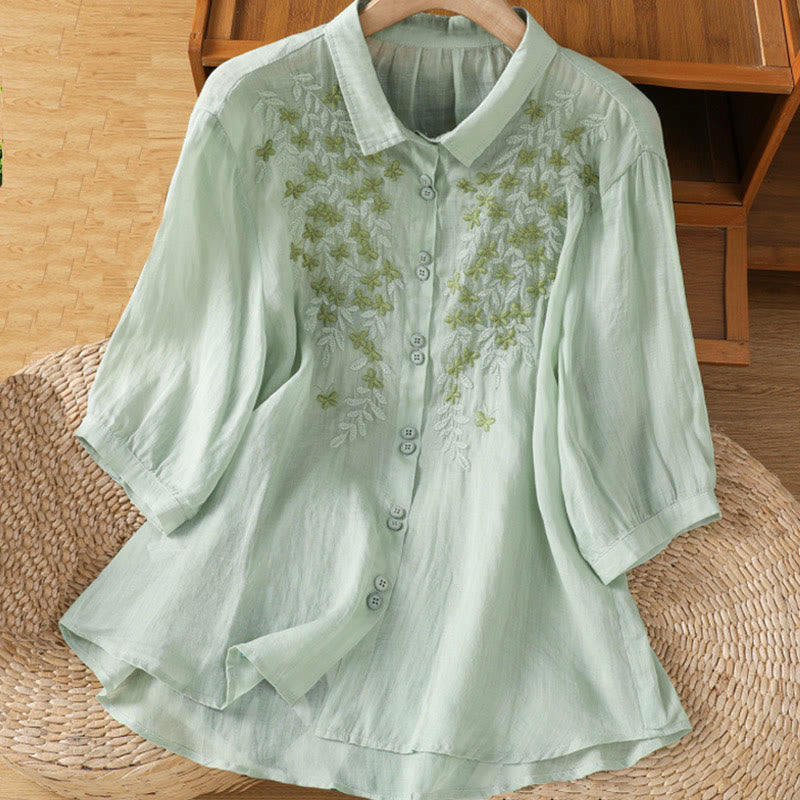 Breathable Cotton Stand-Collar Shirt with Leaf Embroidery