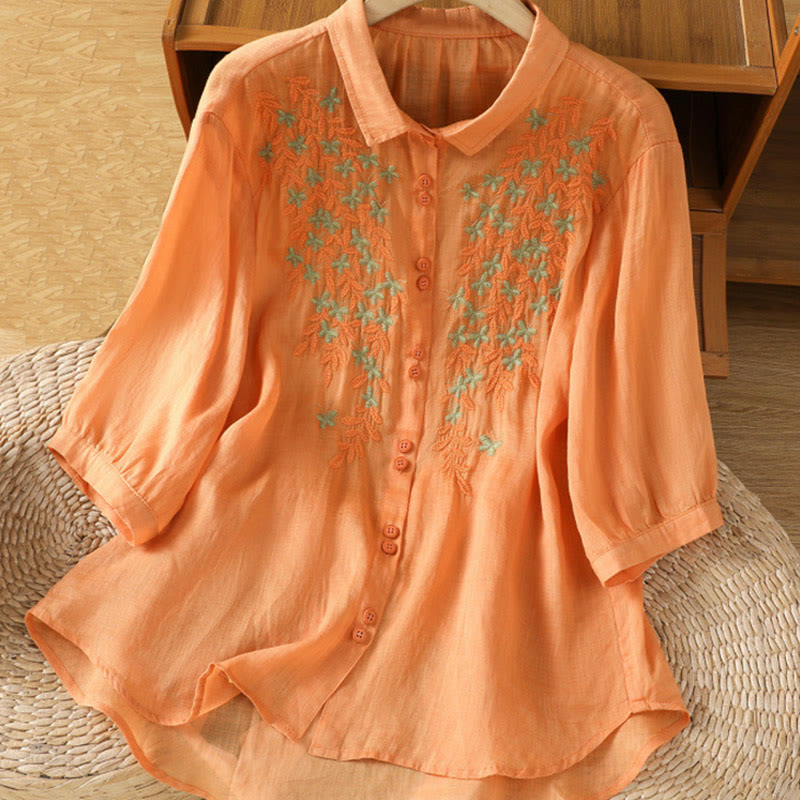 Breathable Cotton Stand-Collar Shirt with Leaf Embroidery