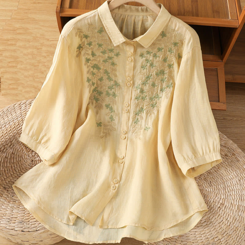 Breathable Cotton Stand-Collar Shirt with Leaf Embroidery