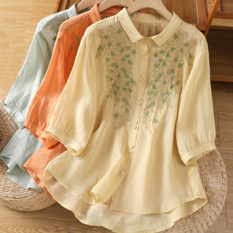 Breathable Cotton Stand-Collar Shirt with Leaf Embroidery