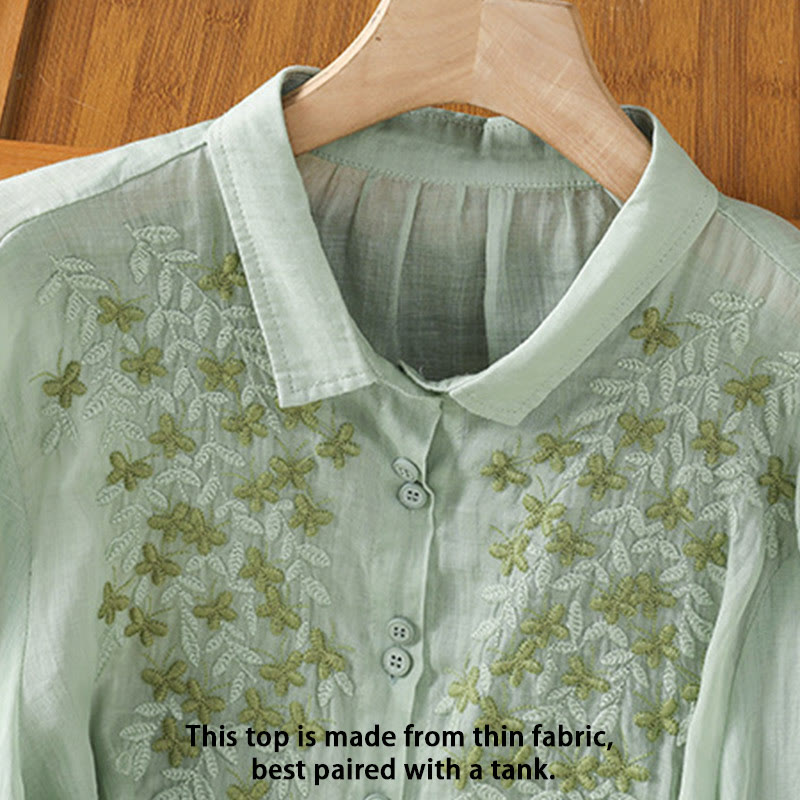 Breathable Cotton Stand-Collar Shirt with Leaf Embroidery