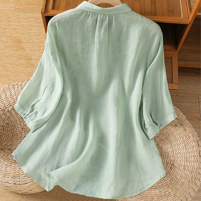Breathable Cotton Stand-Collar Shirt with Leaf Embroidery