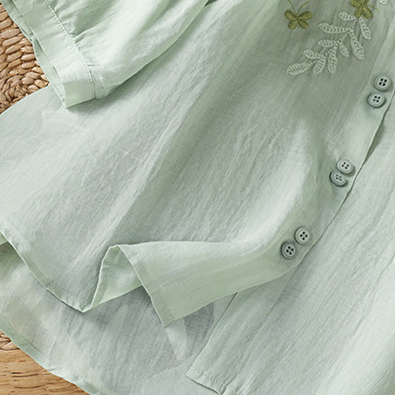 Breathable Cotton Stand-Collar Shirt with Leaf Embroidery