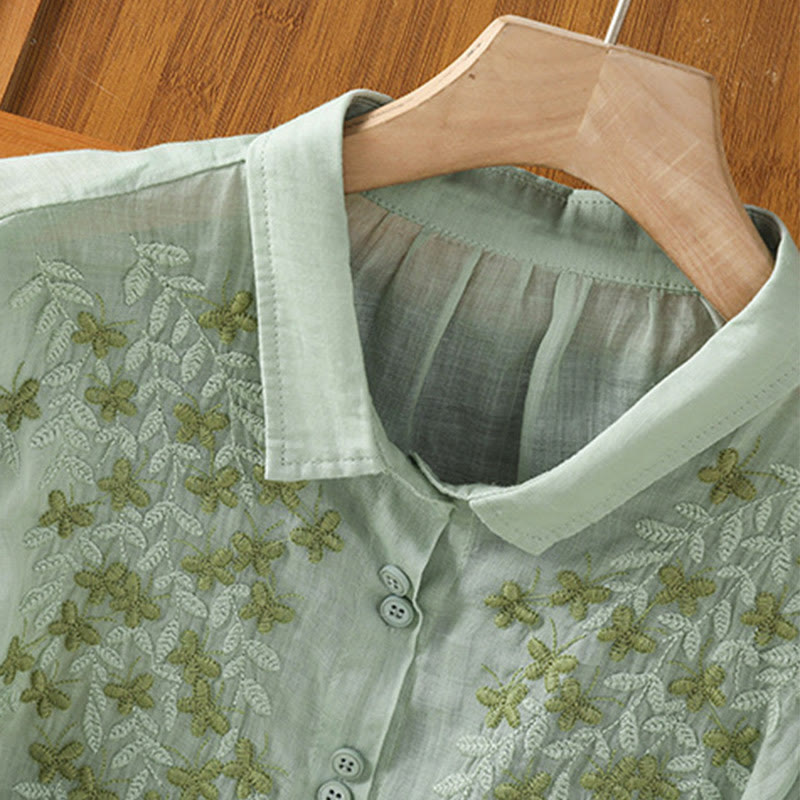 Breathable Cotton Stand-Collar Shirt with Leaf Embroidery