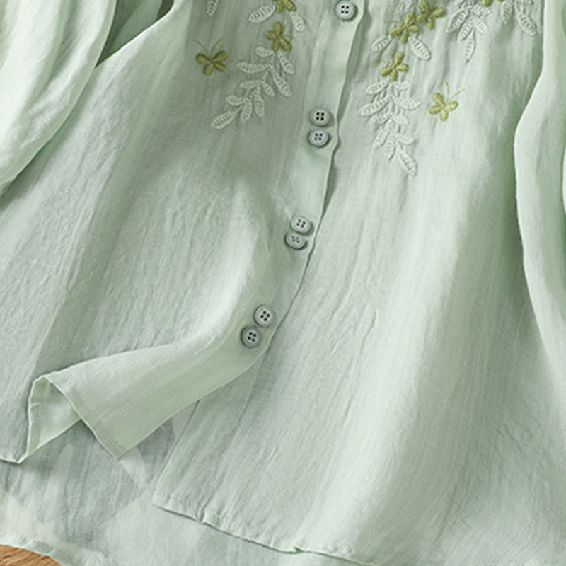 Breathable Cotton Stand-Collar Shirt with Leaf Embroidery