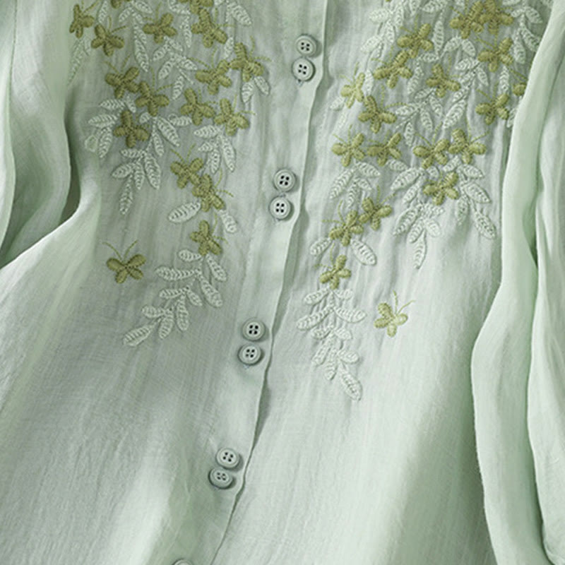 Breathable Cotton Stand-Collar Shirt with Leaf Embroidery