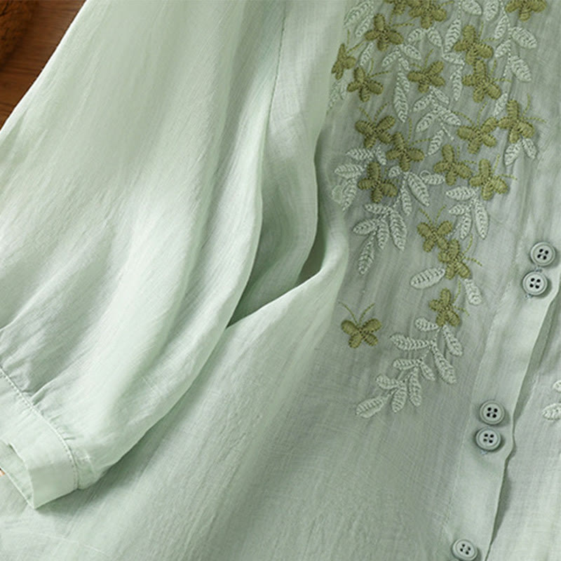 Breathable Cotton Stand-Collar Shirt with Leaf Embroidery
