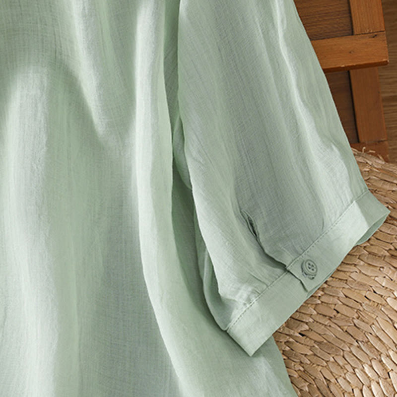 Breathable Cotton Stand-Collar Shirt with Leaf Embroidery