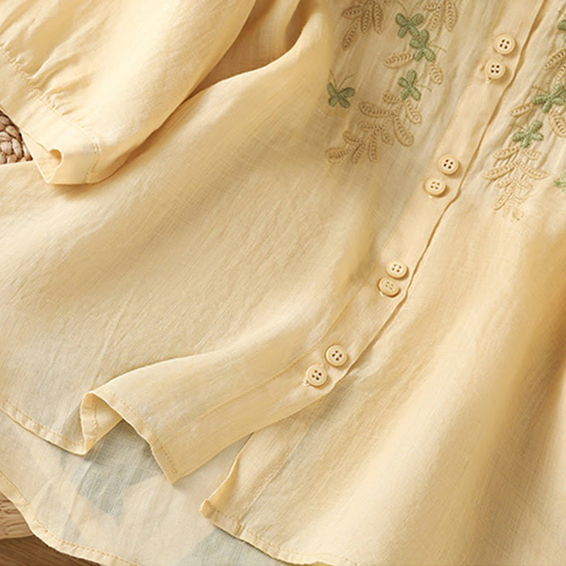 Breathable Cotton Stand-Collar Shirt with Leaf Embroidery