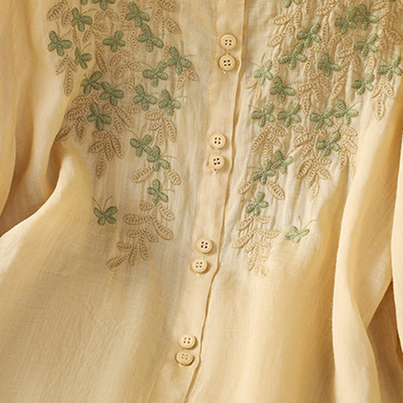 Breathable Cotton Stand-Collar Shirt with Leaf Embroidery