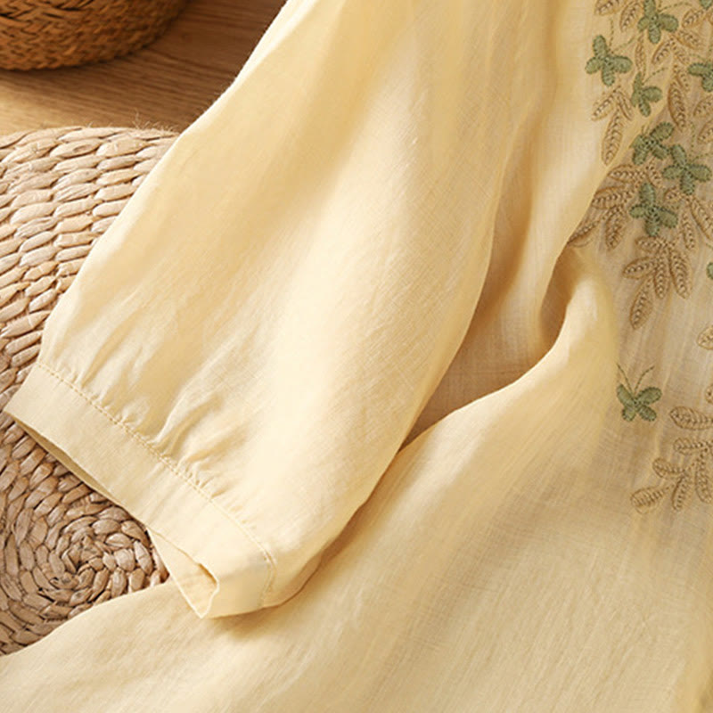 Breathable Cotton Stand-Collar Shirt with Leaf Embroidery