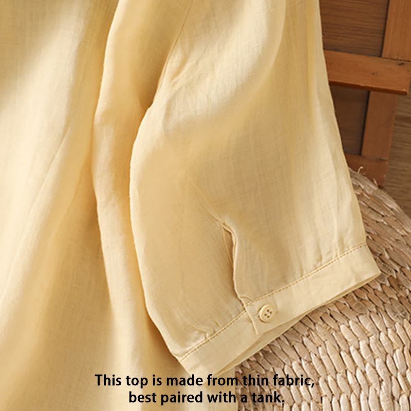 Breathable Cotton Stand-Collar Shirt with Leaf Embroidery
