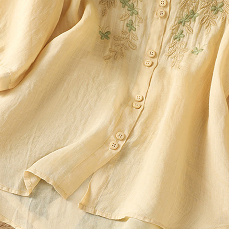 Breathable Cotton Stand-Collar Shirt with Leaf Embroidery