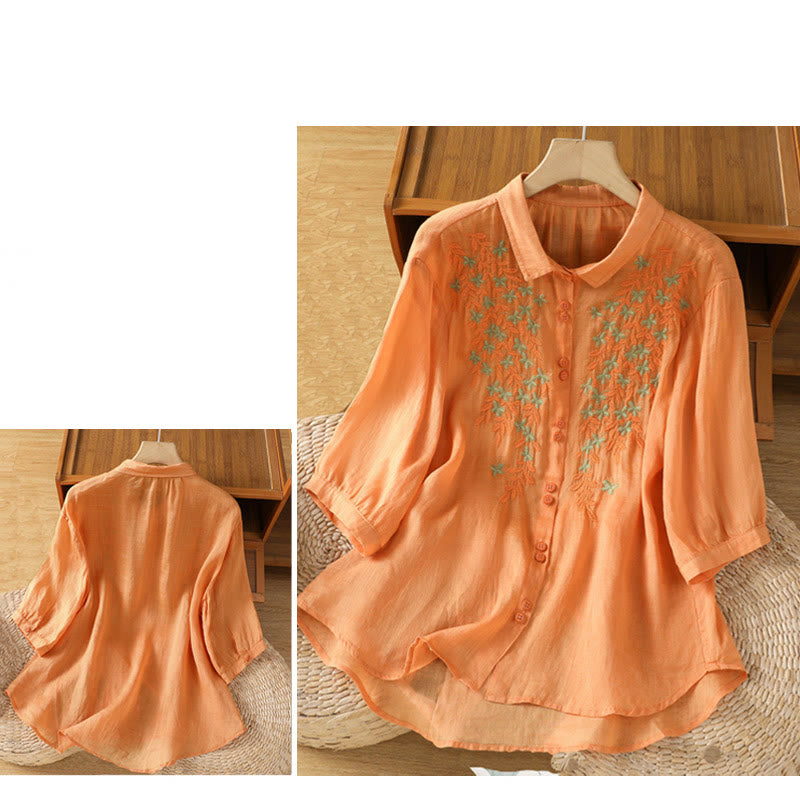 Breathable Cotton Stand-Collar Shirt with Leaf Embroidery
