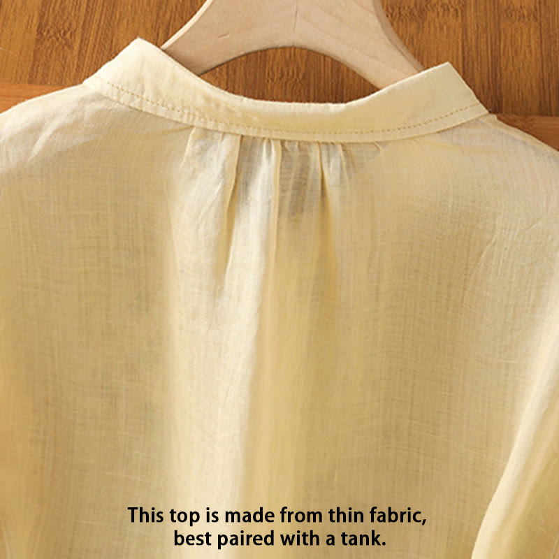 Breathable Cotton Stand-Collar Shirt with Leaf Embroidery