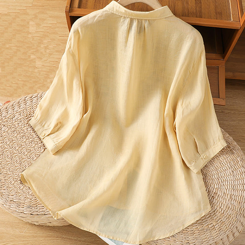Breathable Cotton Stand-Collar Shirt with Leaf Embroidery
