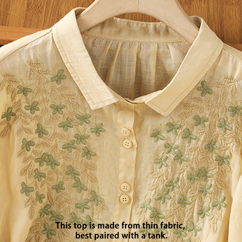 Breathable Cotton Stand-Collar Shirt with Leaf Embroidery