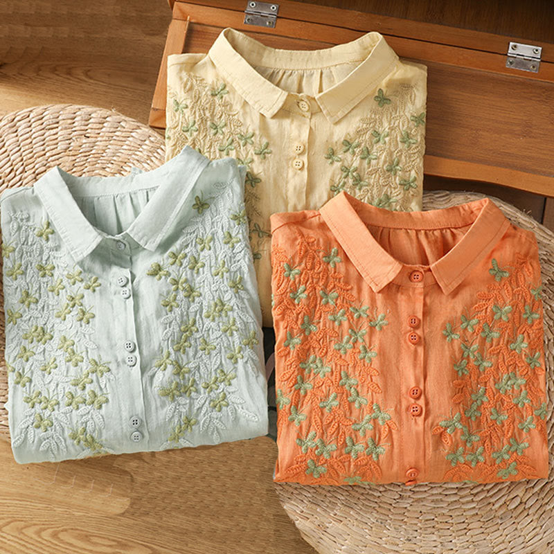 Breathable Cotton Stand-Collar Shirt with Leaf Embroidery