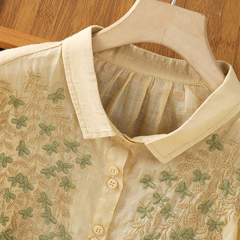 Breathable Cotton Stand-Collar Shirt with Leaf Embroidery