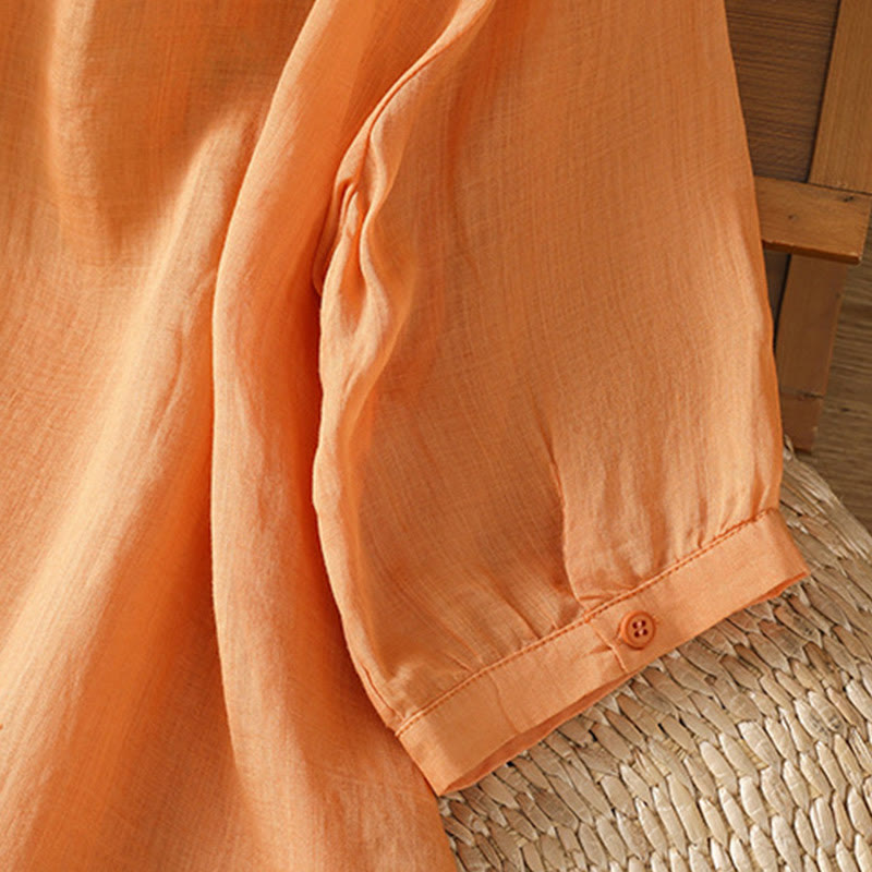 Breathable Cotton Stand-Collar Shirt with Leaf Embroidery