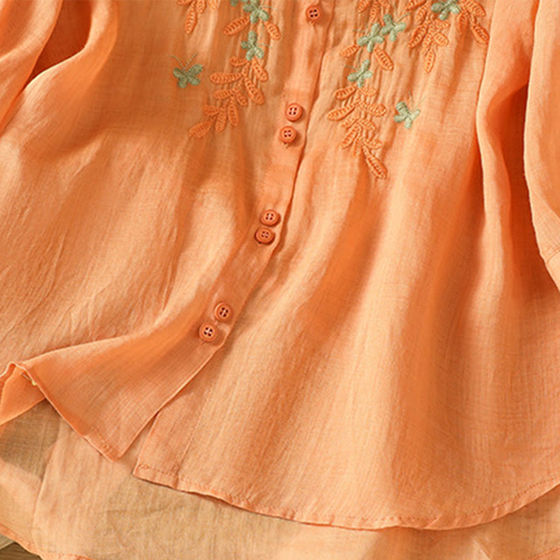 Breathable Cotton Stand-Collar Shirt with Leaf Embroidery