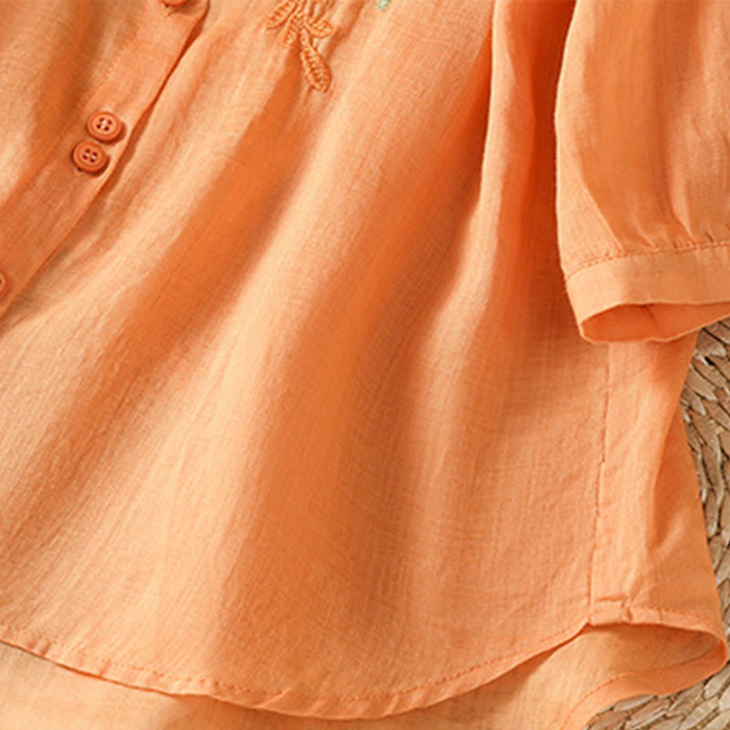 Breathable Cotton Stand-Collar Shirt with Leaf Embroidery