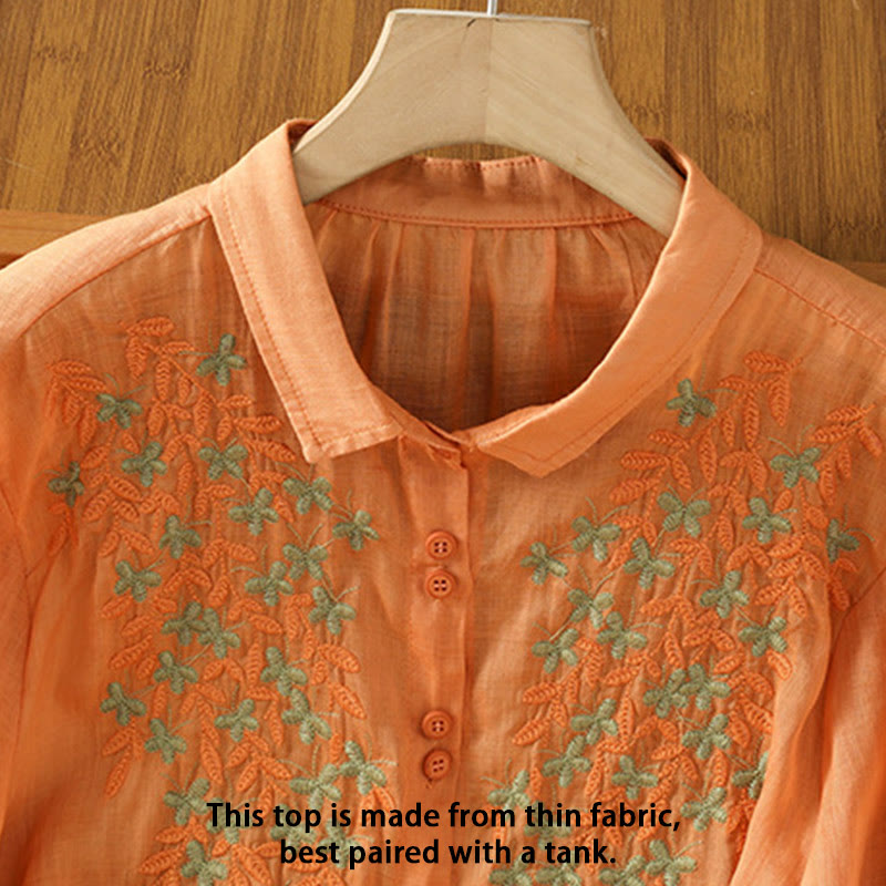 Breathable Cotton Stand-Collar Shirt with Leaf Embroidery