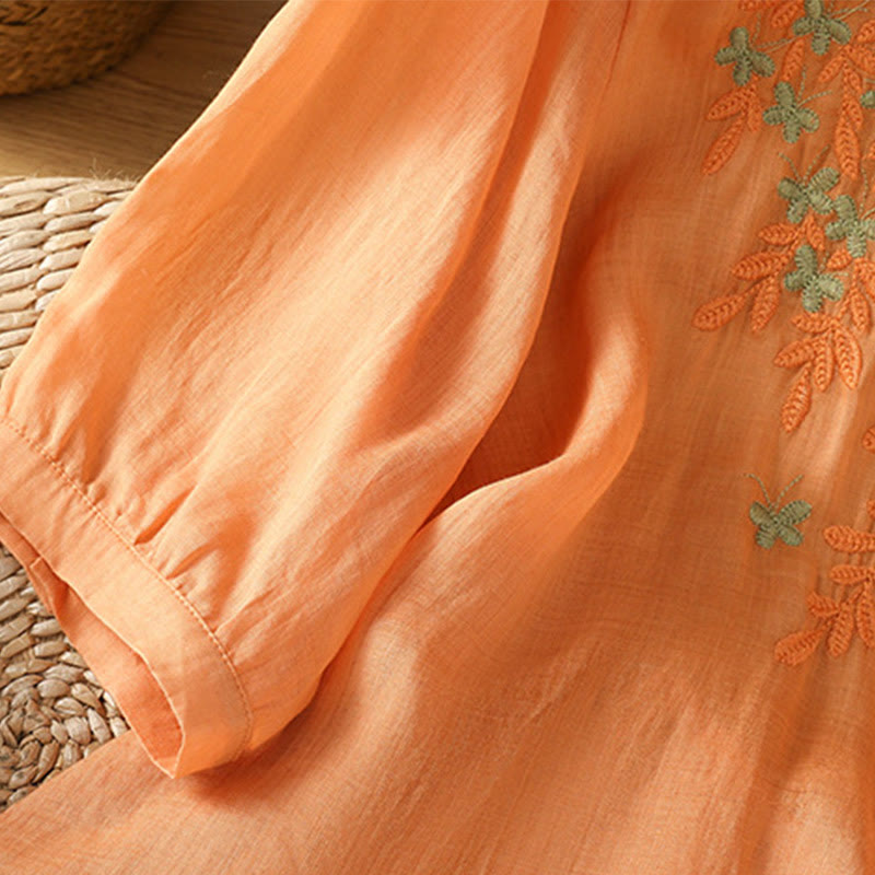 Breathable Cotton Stand-Collar Shirt with Leaf Embroidery