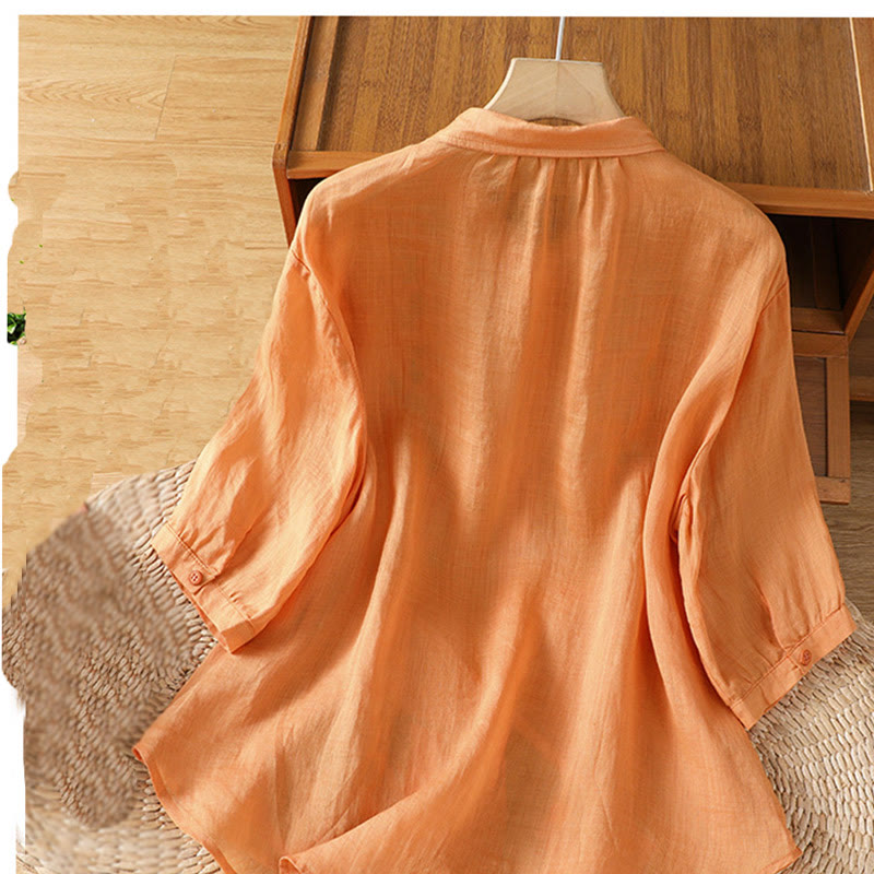 Breathable Cotton Stand-Collar Shirt with Leaf Embroidery