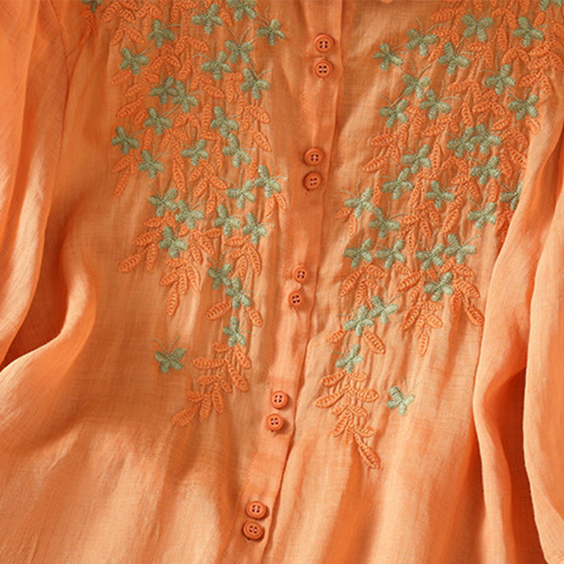 Breathable Cotton Stand-Collar Shirt with Leaf Embroidery