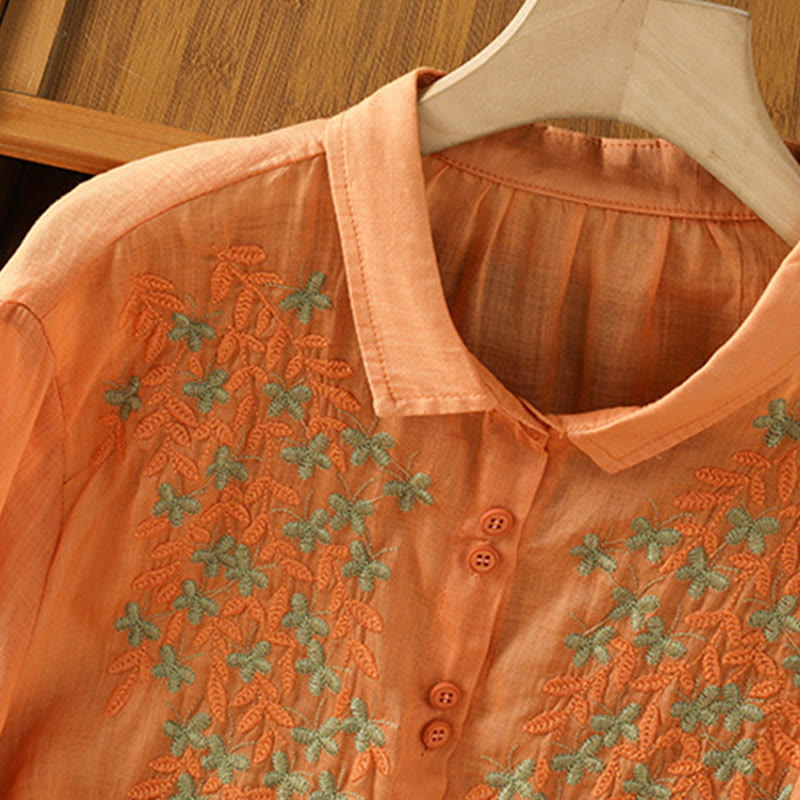Breathable Cotton Stand-Collar Shirt with Leaf Embroidery