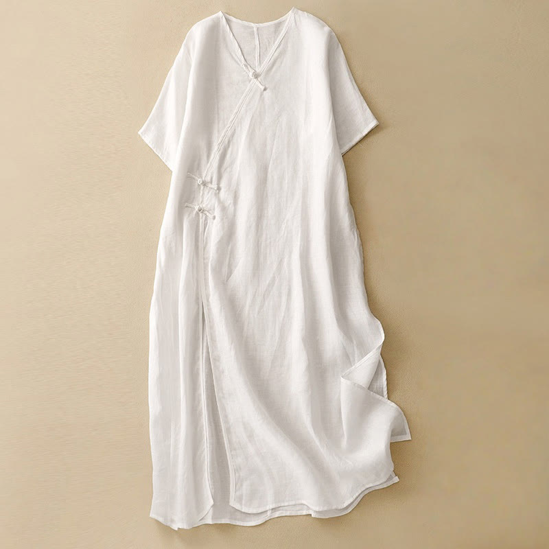 Summer V-Neck Frog-Button Short Sleeve Cotton Linen Women's Midi Dress